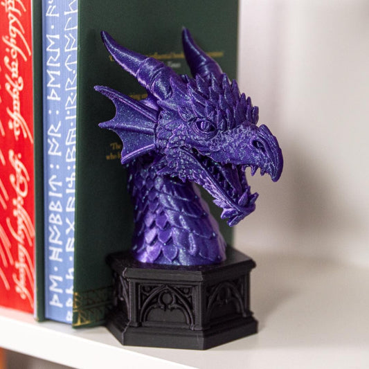 Dragon Bust Bookend, 3D Printed Gothic Base, Fantasy Library Shelf Decor